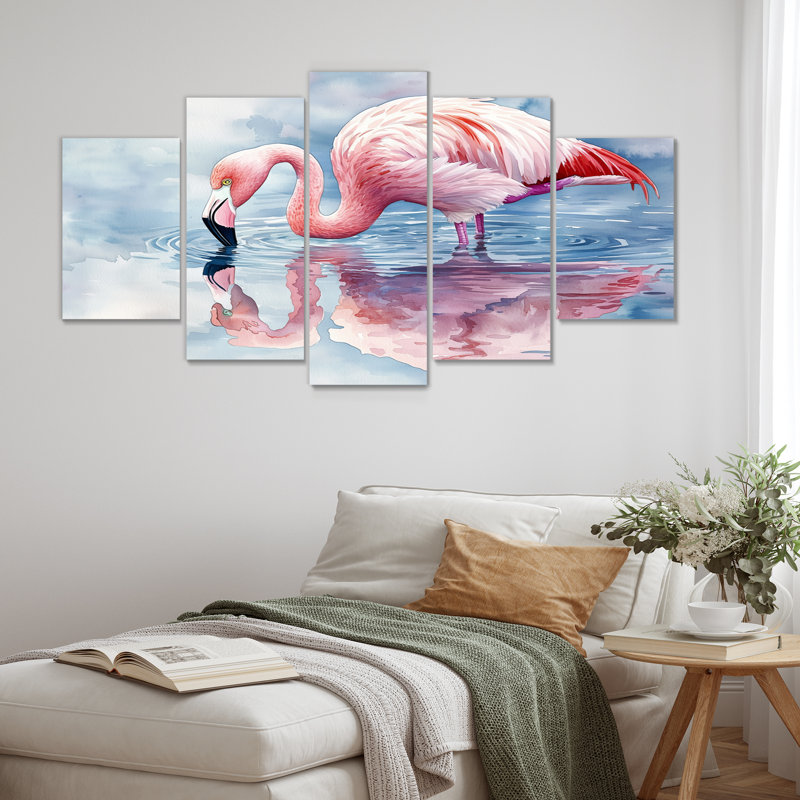 Flamant rose reflets au bord du lac I - Art mural animal flamant - ensemble de décoration murale moderne