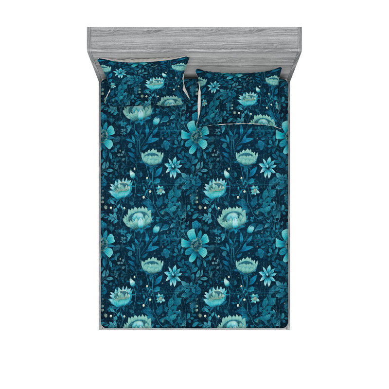 Drap-housse et taies décoratives 3 pièces Ambesonne, Bleu pétrole, bleu sarcelle foncé / floral