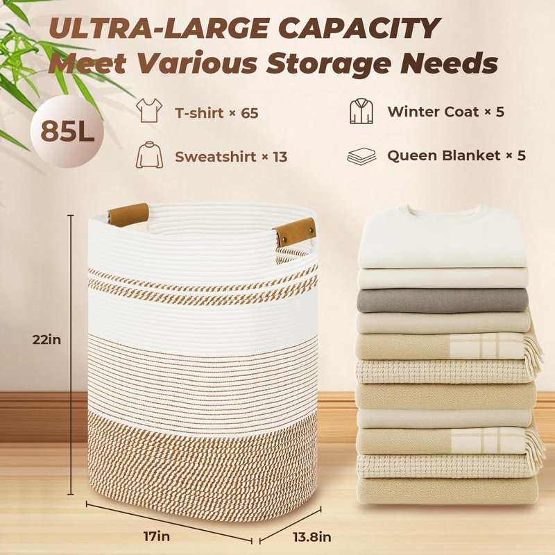 Handcrafted Cotton Laundry Basket With Handles - Stylish Storage Hamper For Blankets, Clothes, And Bedroom Essentials, Tall And Large Design