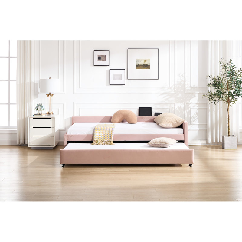 Lit de jour rembourré avec lit gigogne rose à motif de losanges polyvalent pour chambre à coucher et salon, stable et confortable