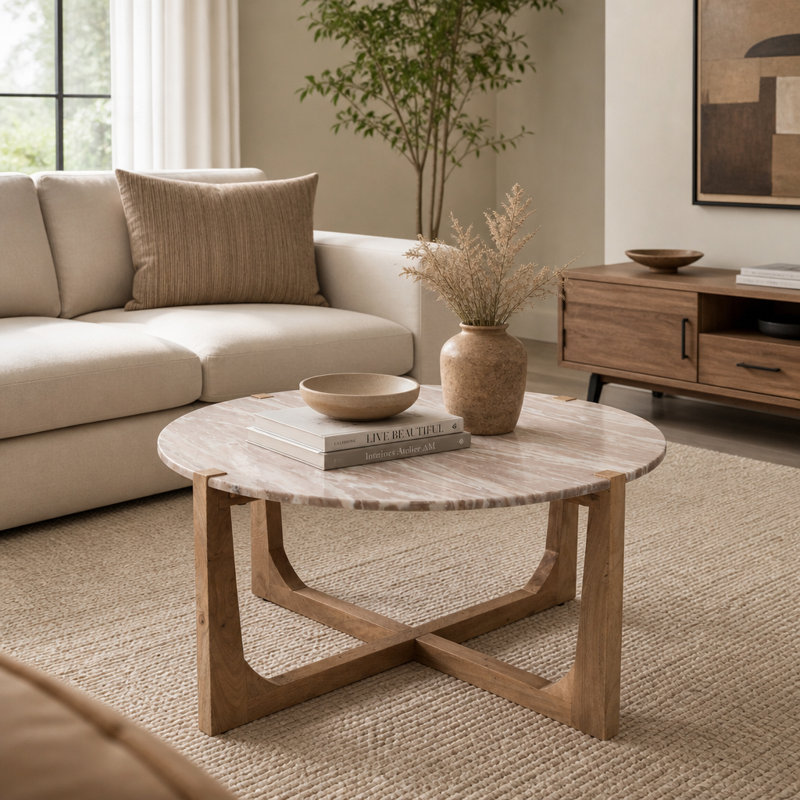 Table basse Adonia moderne en marbre et en bois pour le salon - petite table d'appoint avec base piédestal pour décoration intérieure élégante - brun clair et brun