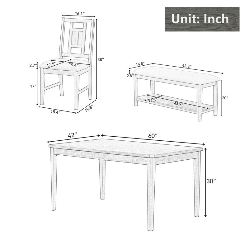 6 - Person Four Leg Dining Set, Dark Gray