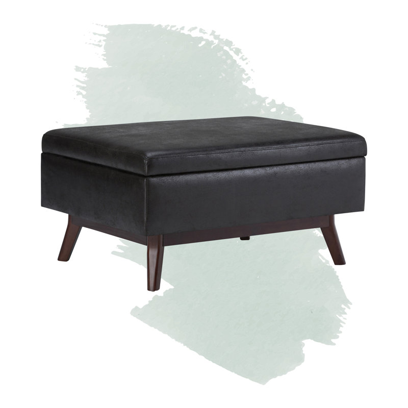 Mid-Century Modern Distressed Black Wood Rectangular Storage Ottoman