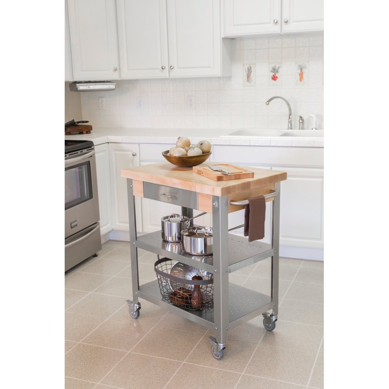 Elegante Maple & Stainless Steel Drop-Leaf Kitchen Cart with Wine Storage