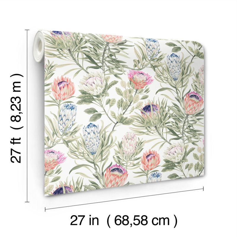 Protea 27' L x 27" W Wallpaper Roll, White/Fuchsia
