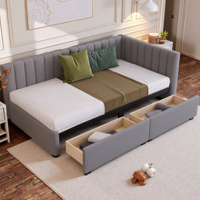 Durable Upholstered Storage Daybed Twin/Full Size with 2 Drawers - No Box Spring Needed