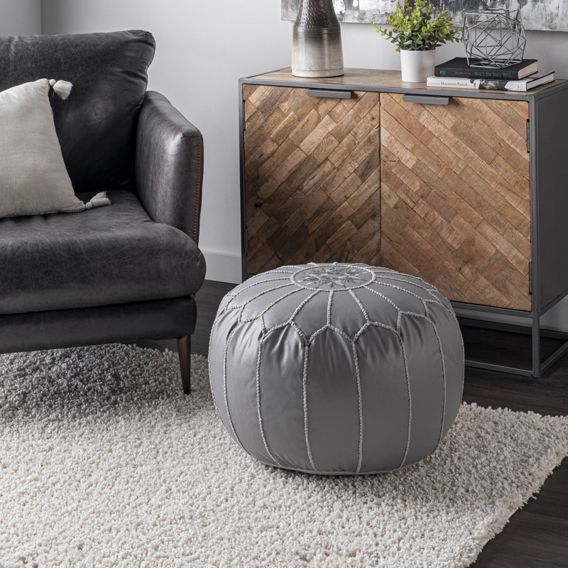 Faux Leather Pouf, Gray Faux Leather