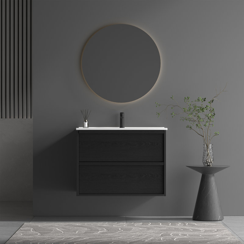 Meuble-lavabo mural Mid-Century moderne avec tiroirs à fermeture en douceur et lavabo en céramique, 29"