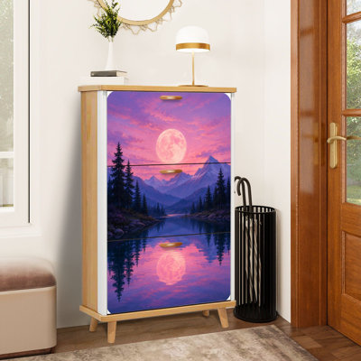 Shoe Storage Cabinet with 3 Flip Drawers for Vibrant Full Moon Mountain Lake Reflection Pine Trees Shoe Rack Storage Organizer