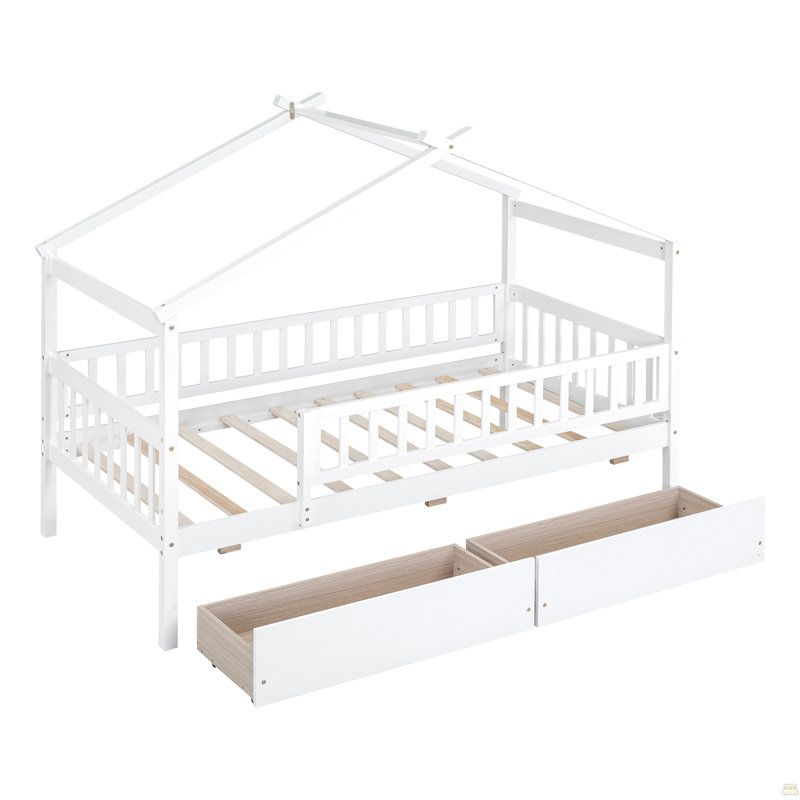 Lit simple en bois avec deux tiroirs, Blanc