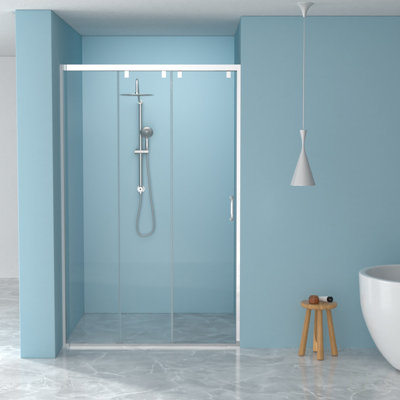 Porte de douche coulissante triple 48 po x H 76 po (8 mm) Verre transparent en chrome, cadre en acier inoxydable