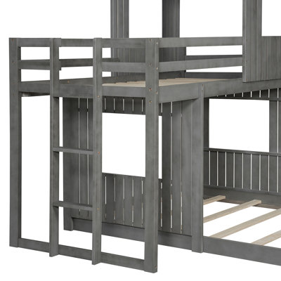 Lit superposé en bois, lit mezzanine avec maisonnette, maison de campagne, échelle et garde-corps