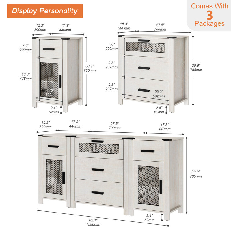 Meuble télé avec 5 tiroirs et 2 portes de rangement, commode avec tablette réglable, blanc antique