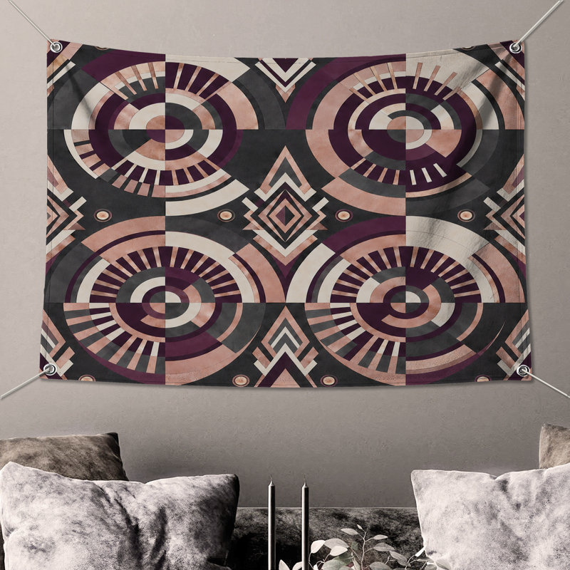Tapisserie murale à motif de cercles géométriques - Décoration murale cercles géométriques, 104in H x88 with 4 Grommets