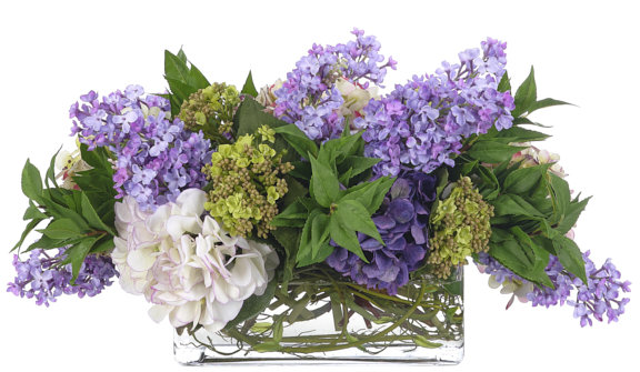 Hortensia lilas, mauve blanc, verre rectangulaire, l 25 po x P 18 po
