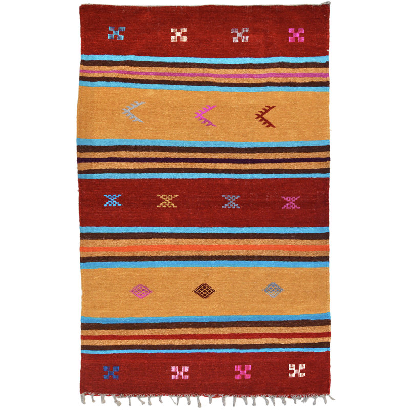 Tapis unique orange, bleu, rouge et rose de 3 pi x 5 pi des années 1990
