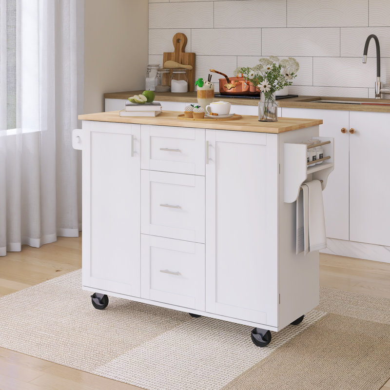 50" Rubber Wood Countertop Kitchen Cart With Spice Rack & Towel Rack, White