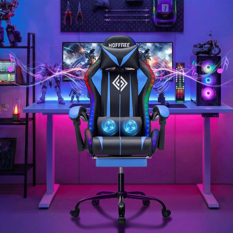 Gaming Chair With Bluetooth Speakers And RGB LED Lights Ergonomic Massage Video Game Chair With Footrest High Back With Lumbar Support