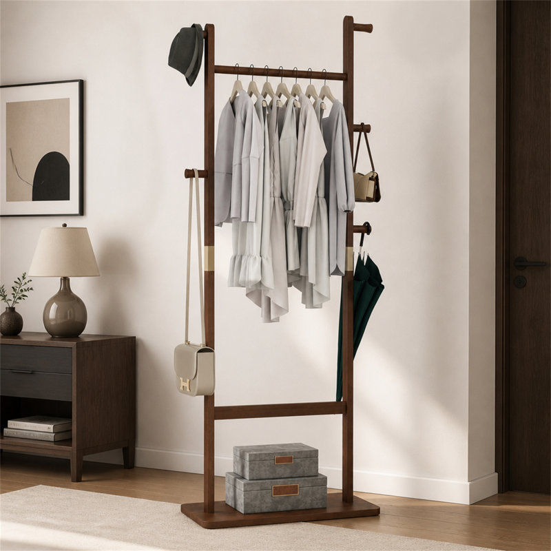 Coat Rack Solid Wood Hanger 23.6 x 11 x 71 in Easy to Assemble Walnut