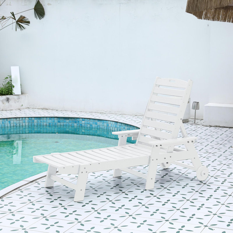 Lounge Chair Outdoor With Wood Texture, Oversized Chaise Lounge Chair With 5 Positions, HDPE, Patio Lounge Chair With Wheels & Cup Holder For Pool, Deck, Poolside, White