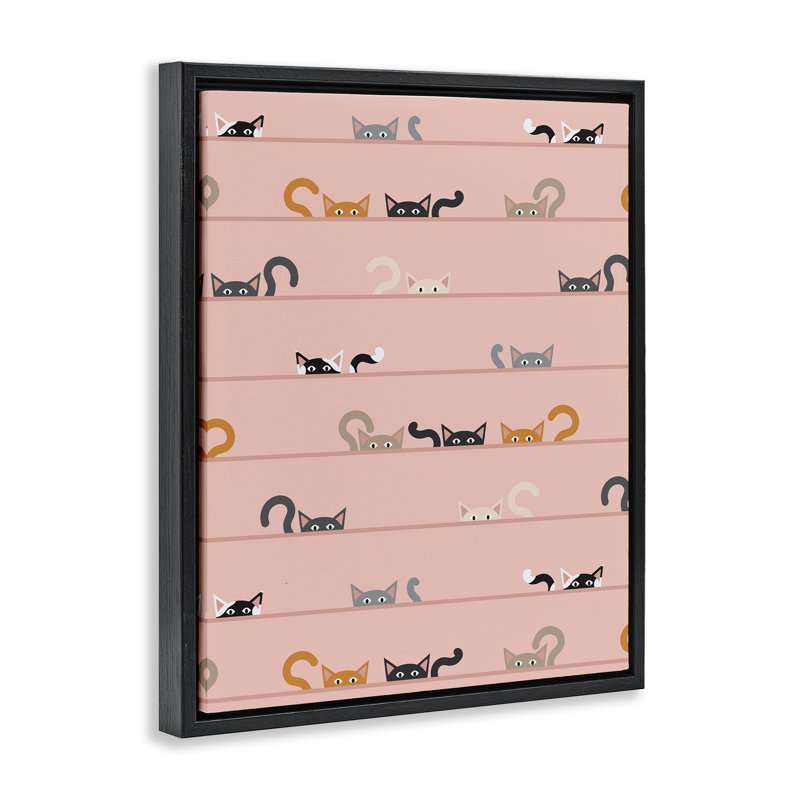 Peeking Cats on Pink Floating Frame, design par Sazerelli Designs, Cadre flottant noir de jais, H 21 po x l 17 po