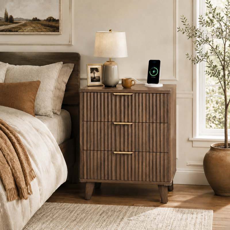  Table de chevet 1 chambre cannelée avec 3 tiroirs, table de chevet en noyer avec station de charge, table de bout de chevet, table d'appoint pour la chambre à coucher, petite commode pour les petits espaces