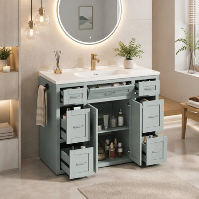 Meuble-lavabo de salle de bain avec lavabo en céramique, 6 tiroirs, tiroir rabattable, portes à fermeture en douceur et porte-serviettes réversible