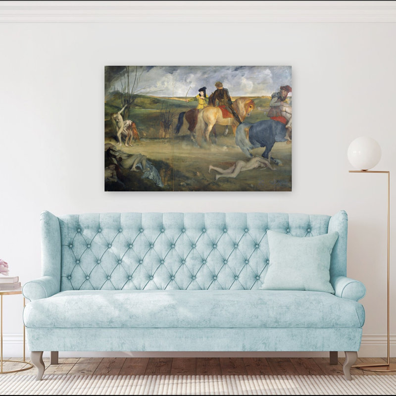 Scène de guerre au Moyen Âge, vers 1865. Estampe murale abstraite contemporaine représentant un cheval., H 40 po x l 60 po