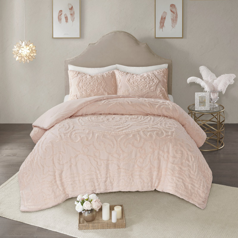 Ensemble d'édredon en chenille de coton touffeté à motif de médaillon Laetitia, Rosé clair