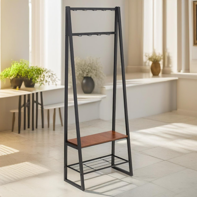 Hall Tree 65cm Wide Industrial Coat Rack Stand With 2 Shoe Storage Shelves