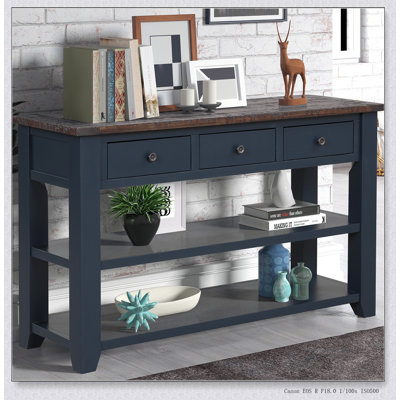 Solid Pine Wood Top Console Table, Modern Entryway Sofa Side Table With 3 Storage Drawers And 2 Shelves. Easy To Assemble