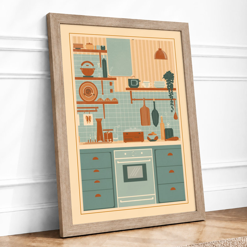 Organized Kitchen Shelves Mid-Century - Framed Print, A2 - 59.4 x 42.0 cm, Oak