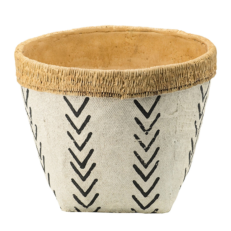 Two Cement Planters In White And Brown With Distinctive Black V Pattern, Large 10.2X10.2X7.9 Inches, Small 7.9X7.9X6.7 Inches - Ideal For Floral Arrangements Eclectic Settings Pair Of Featuring Size
