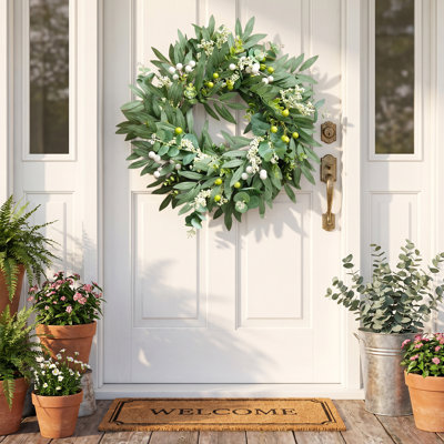 20 inch Olive Wreath for Front Door, Greenery Wreath with Olive Leaf Fruit, Versatile All-Season Home Decor for Indoor Walls, Outdoor Spaces, Living Rooms & Summer Weddings