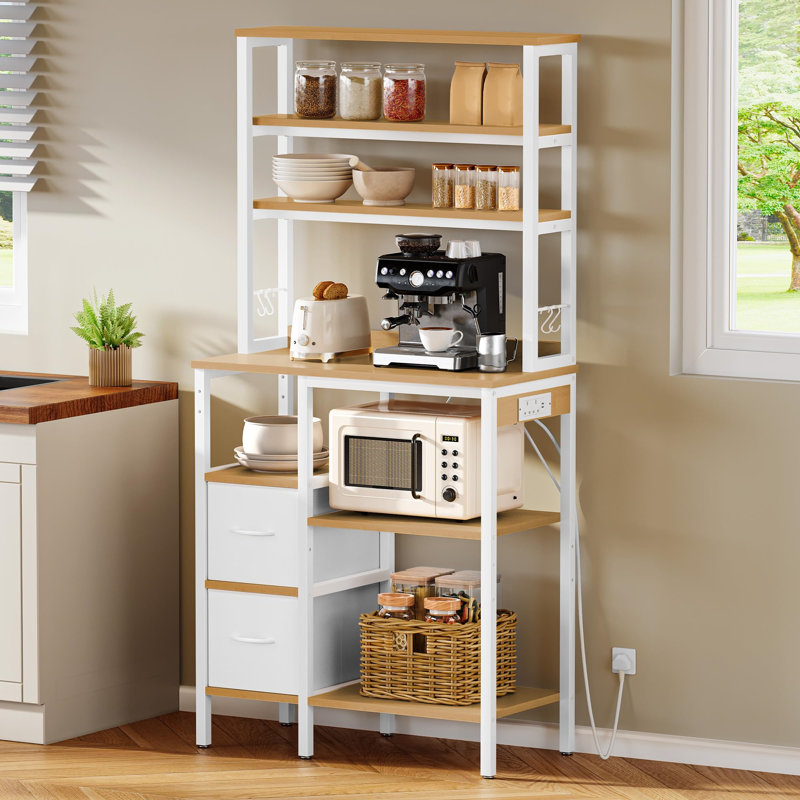 Kitchen Storage Rack With Power Outlet, 2 AC Outlets 2 USB Ports, Coffee Bar, Baker's Rack With 2 Drawers And 4 Hooks, Microwave Shelf