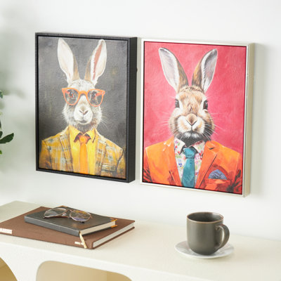 Canvas Business Rabbit Living Room Framed Wall Art With Glasses And Handkerchief