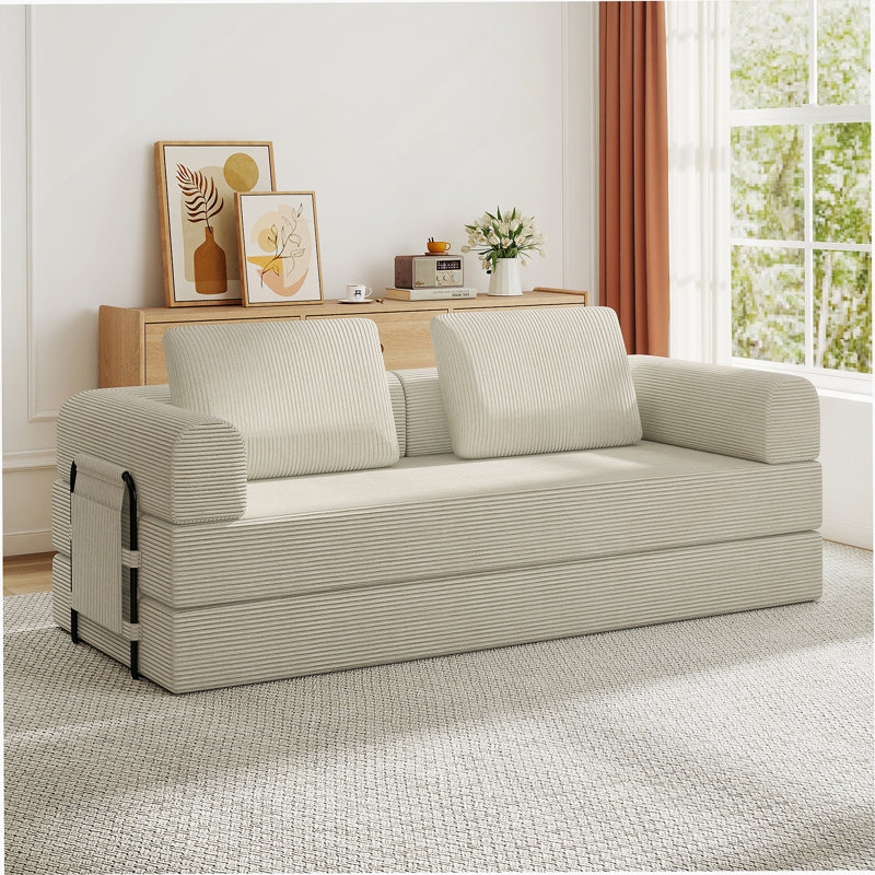Convertible Sleeper Sofa Bed With Cylindrical Pillow - Corduroy Folding Mattress Couch For Versatile Use In Living Room, Bedroom, Lounge, And Studio