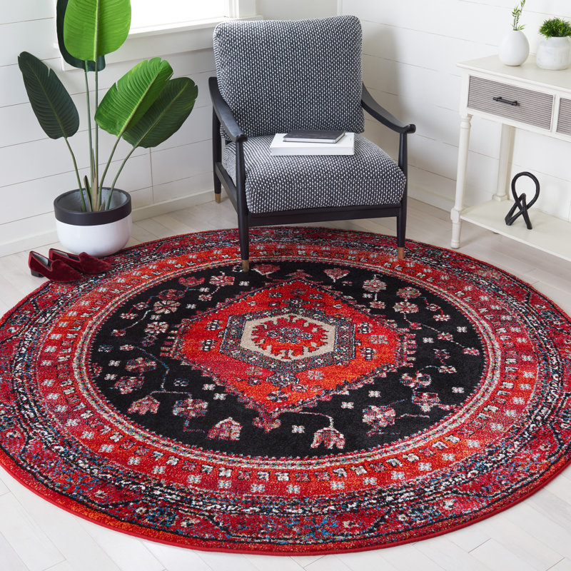 Chavis Oriental Red/Black Area Rug, Round 6'7"