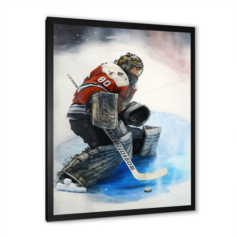 Hockey Gardien pendant le jeu I - Impression sur toile, H 32 po x l 16 po x P 1 po, Cadre photo noir
