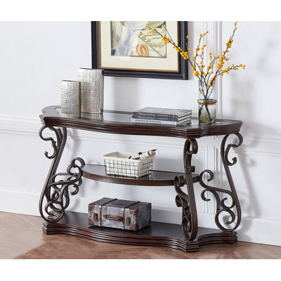 Sofa Table, Glass Table Top, With Marble Paper Middle Shelf, Powder Coat Finish Metal Legs