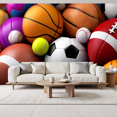 sports Peel and Stick Wallpaper Basketball Football Sports Kids Boys Nursery Playroom Classroom Wall Murals 69"H x 96"W Removable PVC Wall Paper Self-Adhesive Wall Decor for Bedroom Living Room Home Office