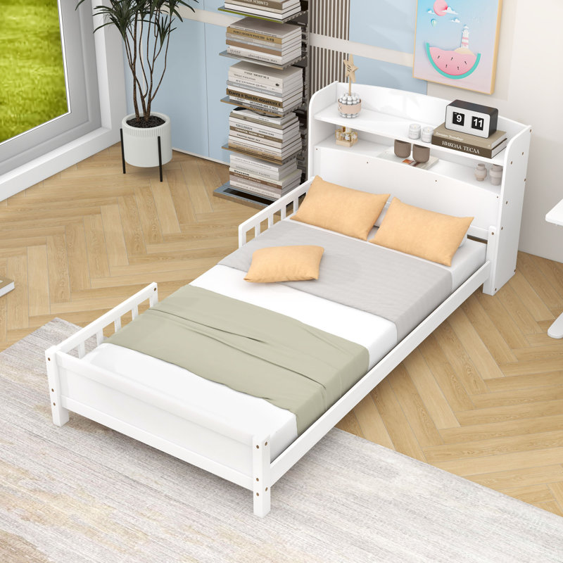 Lit plateforme en bois avec capteur de mouvement à DEL intégré, garde-corps flexibles et tablette, Simple, Blanc