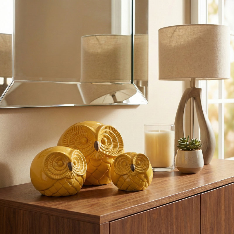 Decorative Ceramic Owl Figurines for Home Decor - Contemporary Sculpture Accent for Shelf, Table, or Living Room Decoration - Set of 3, 8", 6", 4", Yellow