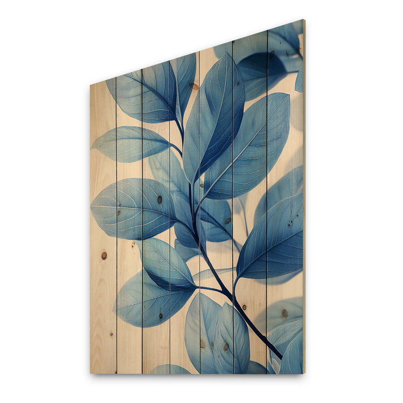 Feuilles de minuit bleues tranquillité IV - impression sur bois de feuilles - sur bois de pin naturel