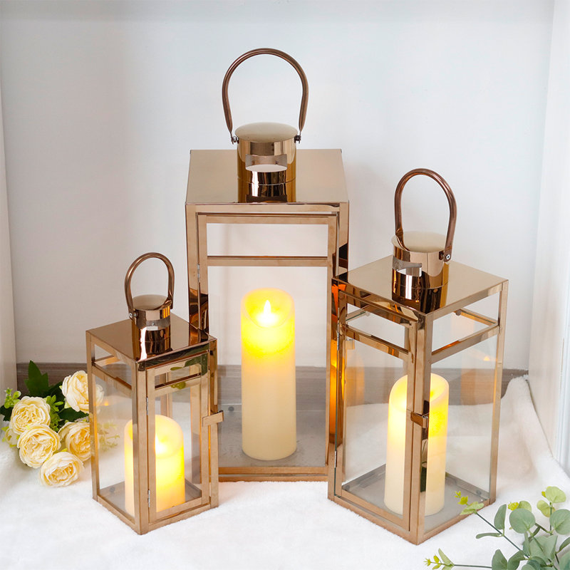 Stainless Steel Candle Lantern Set 2 - Assorted Sizes (12/15/19 Inch), Rose Gold, 6