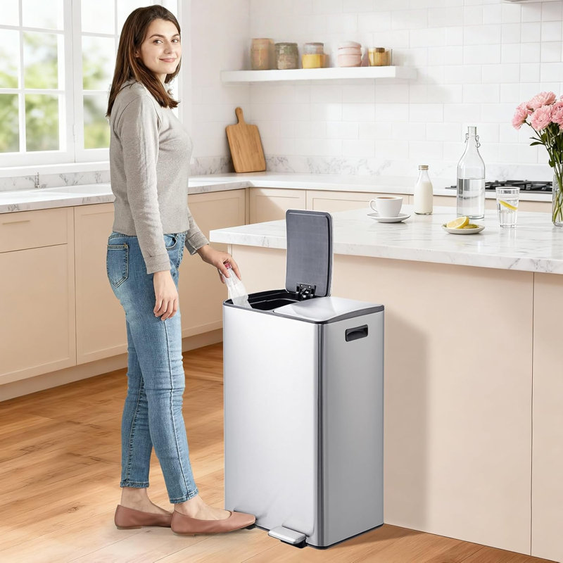 Poubelle double, poubelle de cuisine en acier inoxydable 16 gallons (2 x 30 l) avec couvercle et seau intérieur, poubelle à double compartiment et corbeille avec pédale pour bureau à domicile
