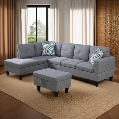 103" Savoy Light Gray Linen Left Facing 3-Piece Sectional Sofa Set With Chaise And Storage Ottoman