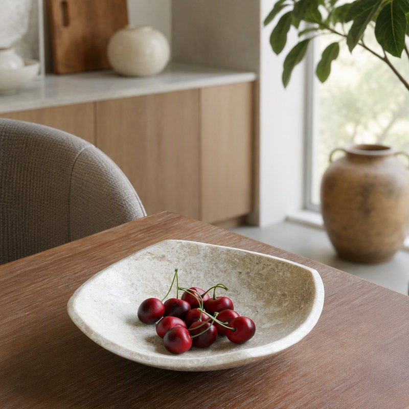 Coupe peu profonde en marbre beige chaud, 25 x 25 x 7,5 cm, idéale pour les centres de table et les présentations de fruits, design rustique et luxueux