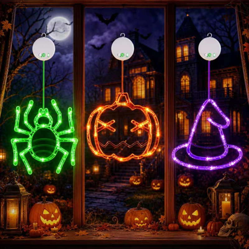 Éclairage de fenêtre d'Halloween, lot de 3 citrouilles, araignée et chapeau de sorcière