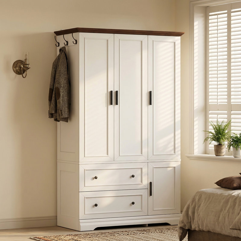 Armoire penderie de 71 po de hauteur à 3 portes avec 2 tiroirs, tringle, tablettes et crochets latéraux, Blanc